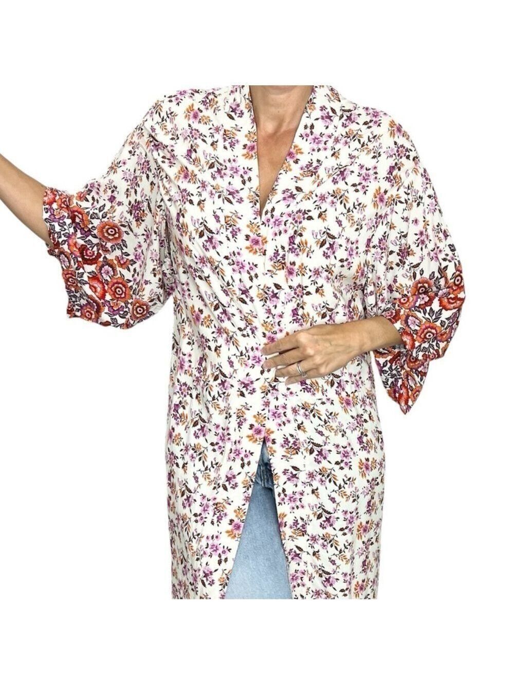 Beige boho cottagecore cotton floral kimono sleeve jacket duster robe